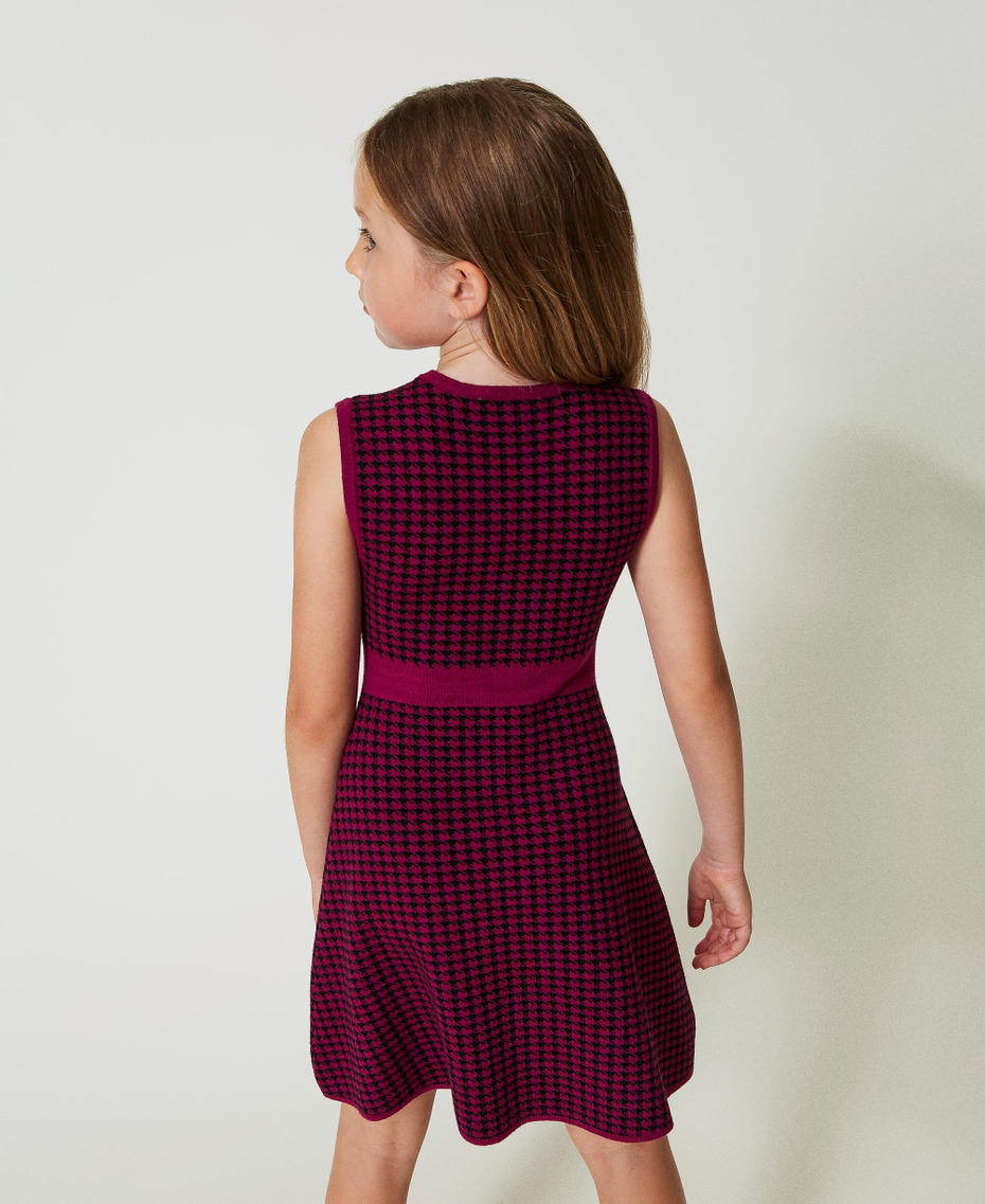 Jacquard knit short dress with houndstooth pattern Two-tone Magenta Purple / Black Girl 242GJ3101_11855_03