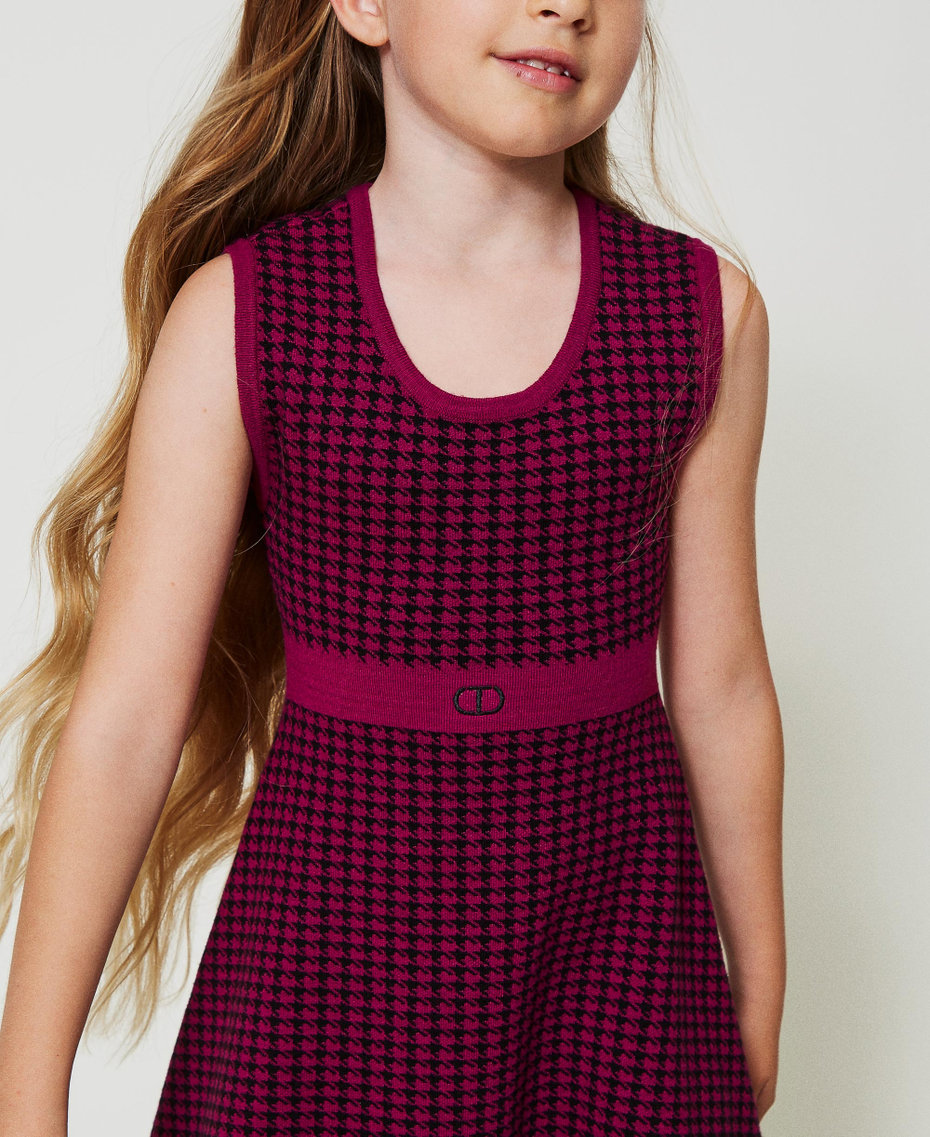 Jacquard knit short dress with houndstooth pattern Two-tone Magenta Purple / Black Girl 242GJ3101_11855_04