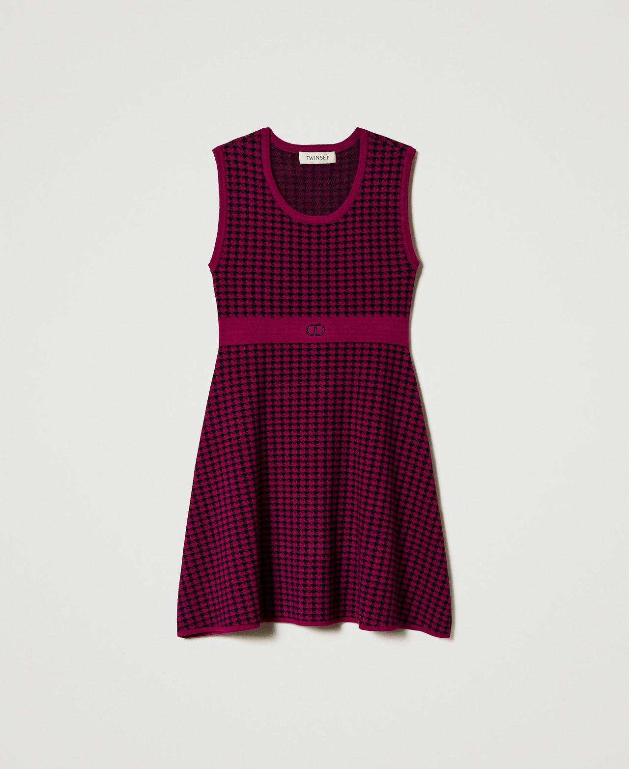 Jacquard knit short dress with houndstooth pattern Two-tone Magenta Purple / Black Girl 242GJ3101_11855_0S