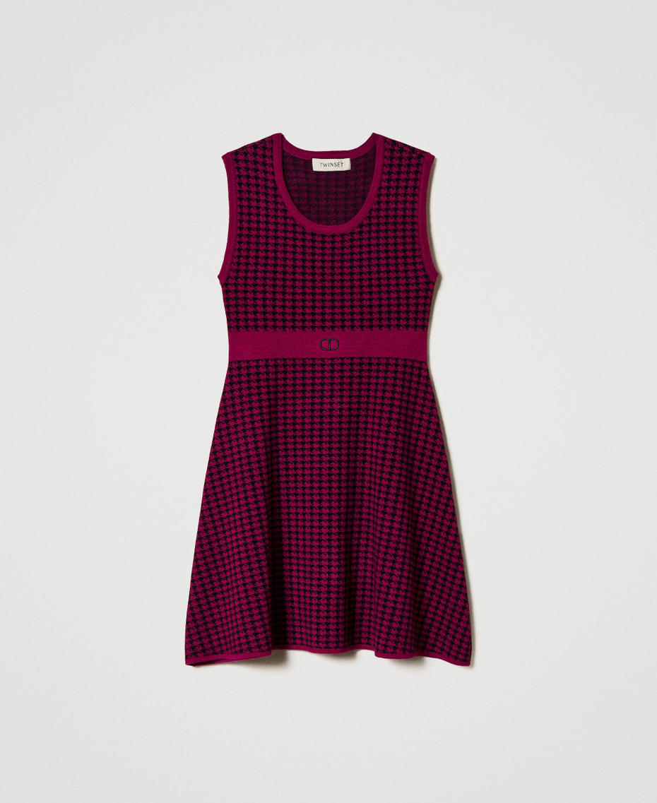 Jacquard knit short dress with houndstooth pattern Two-tone Magenta Purple / Black Girl 242GJ3101_11855_S0