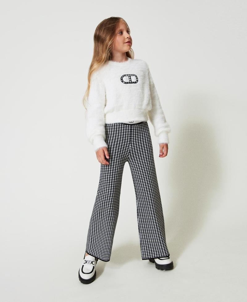 Jacquard knit trousers with houndstooth pattern Bicolour Off White / Black Girl 242GJ3102_02722_01