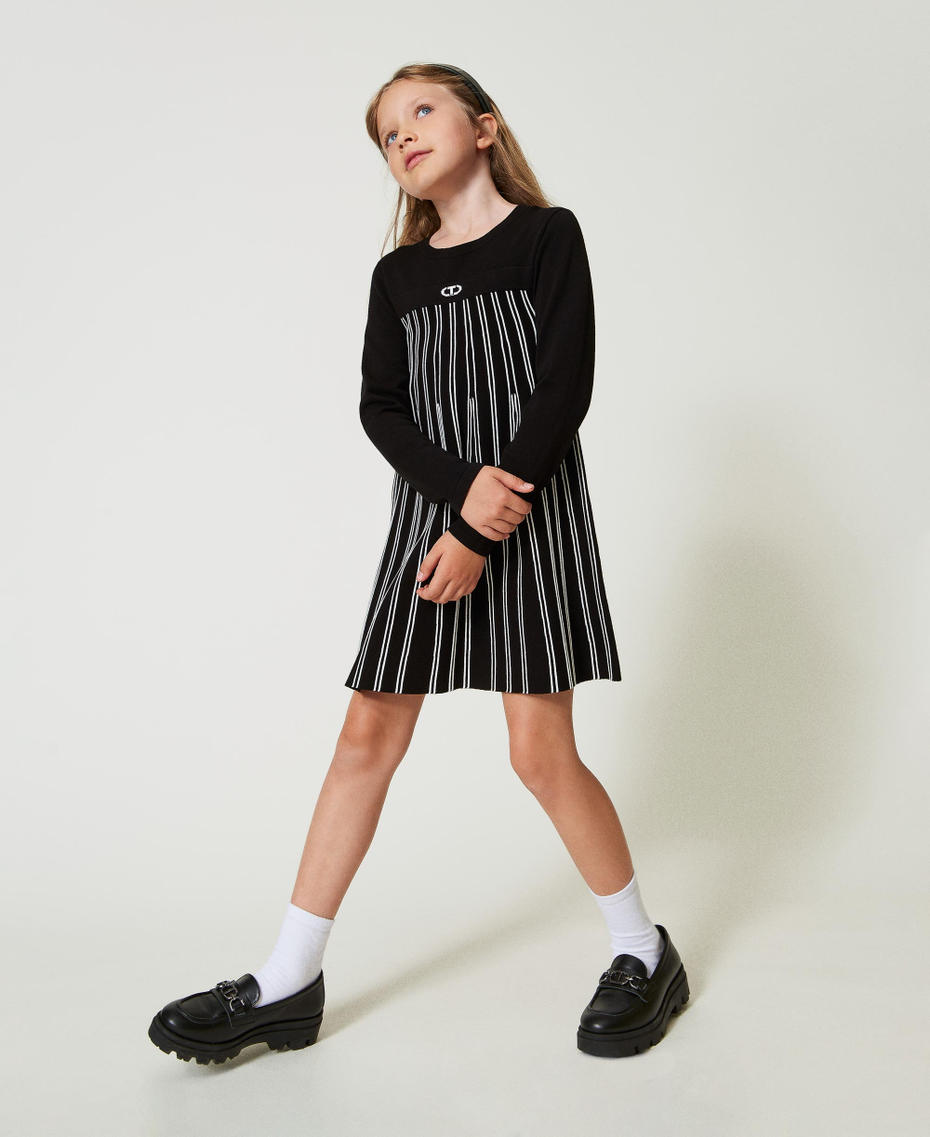 Flexage short knit dress with stripes Bicolour Black / Off White Girl 242GJ3110_02714_01