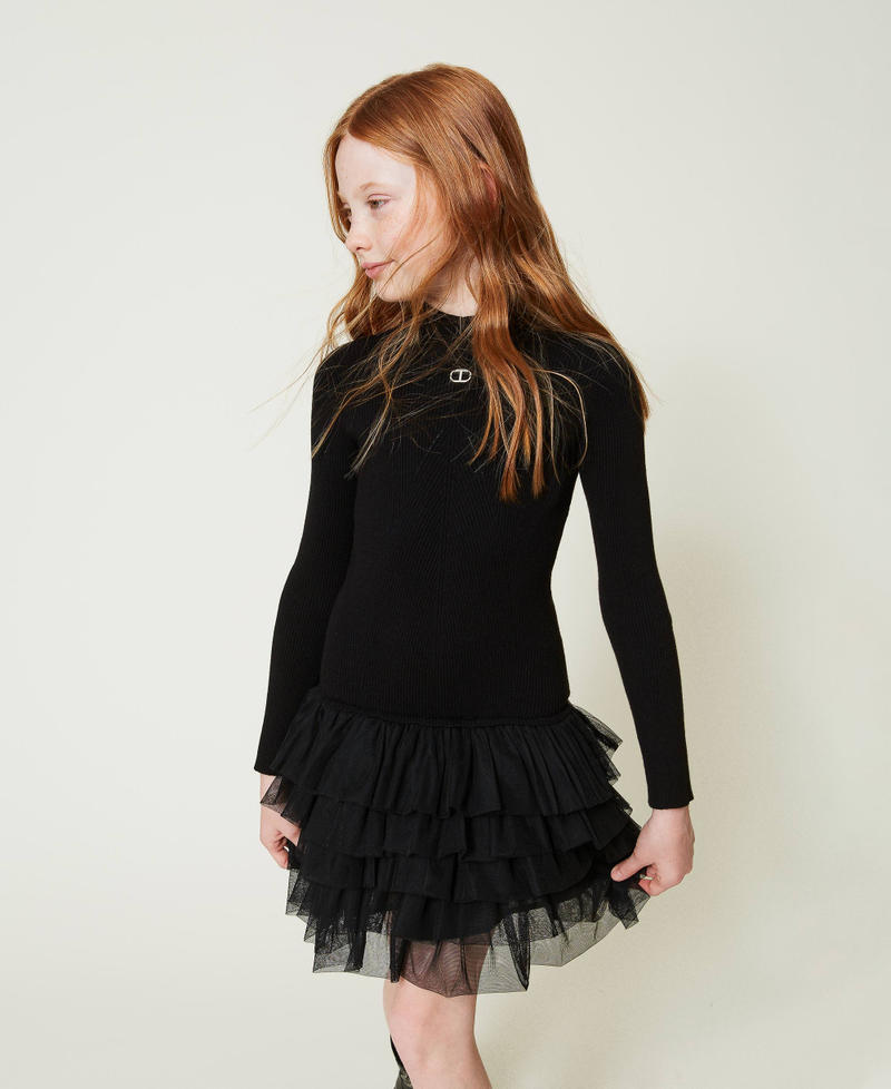 Ribbed knit dress with tulle Black Girl 242GJ3121_00006_01