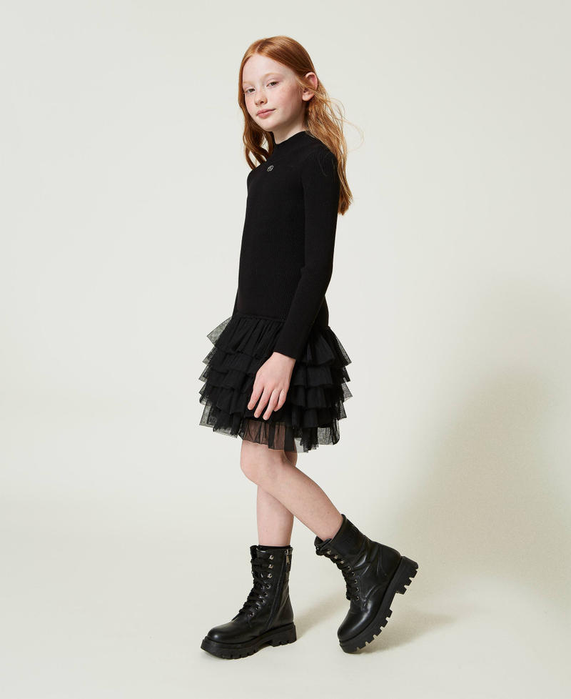 Ribbed knit dress with tulle Black Girl 242GJ3121_00006_02