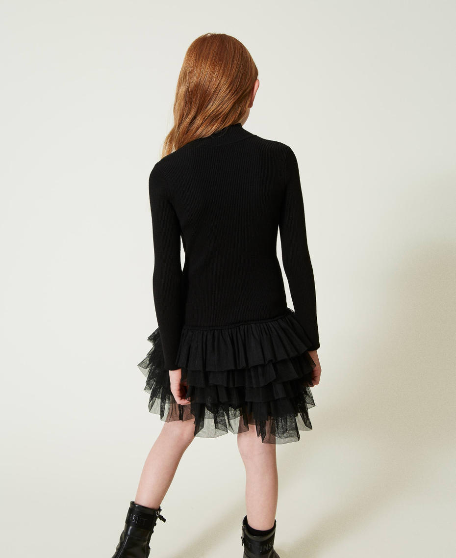 Ribbed knit dress with tulle Black Girl 242GJ3121_00006_03