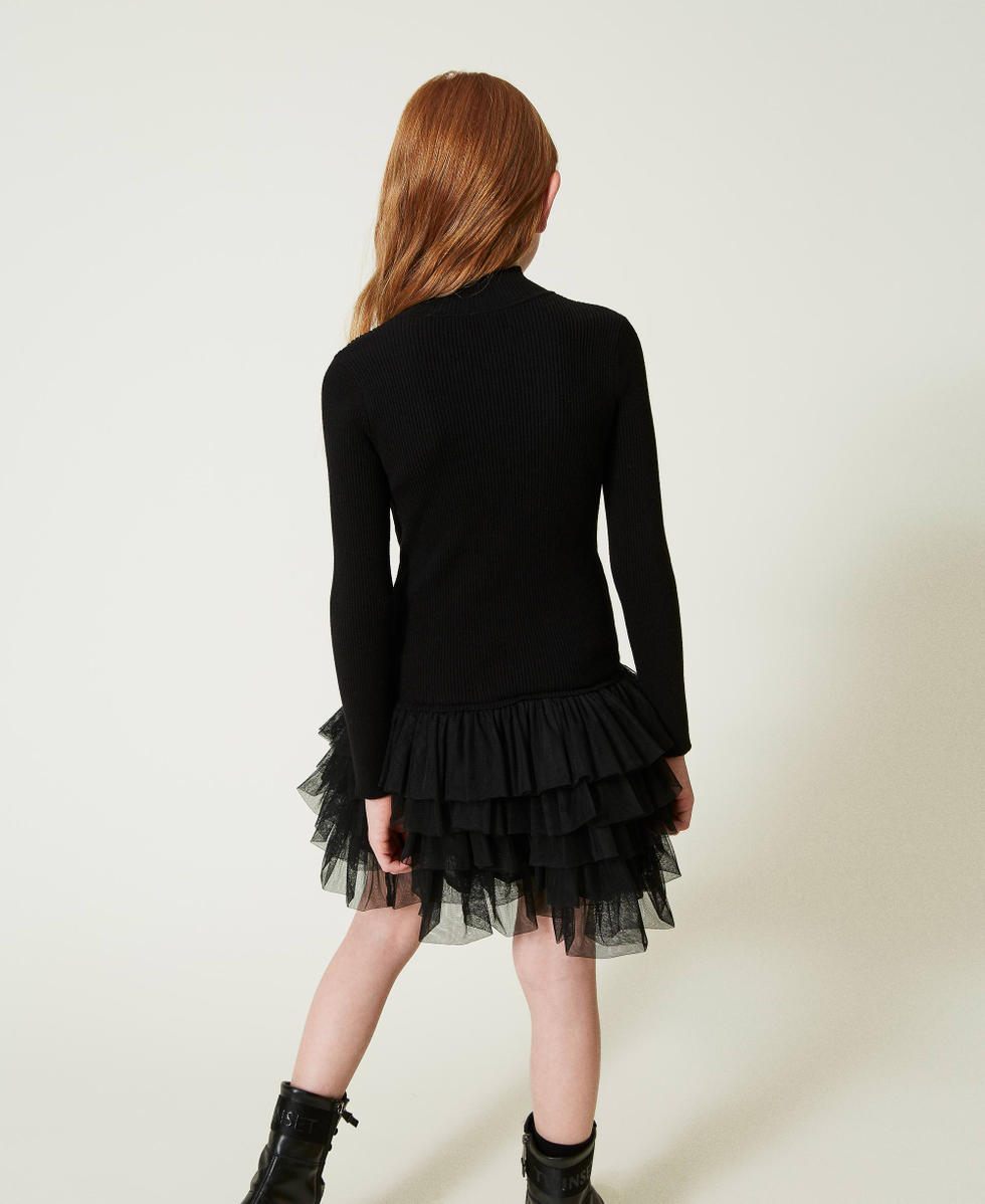Robe en maille c&ocirc;tel&eacute;e avec tulle Noir Fille 242GJ3121_00006_03