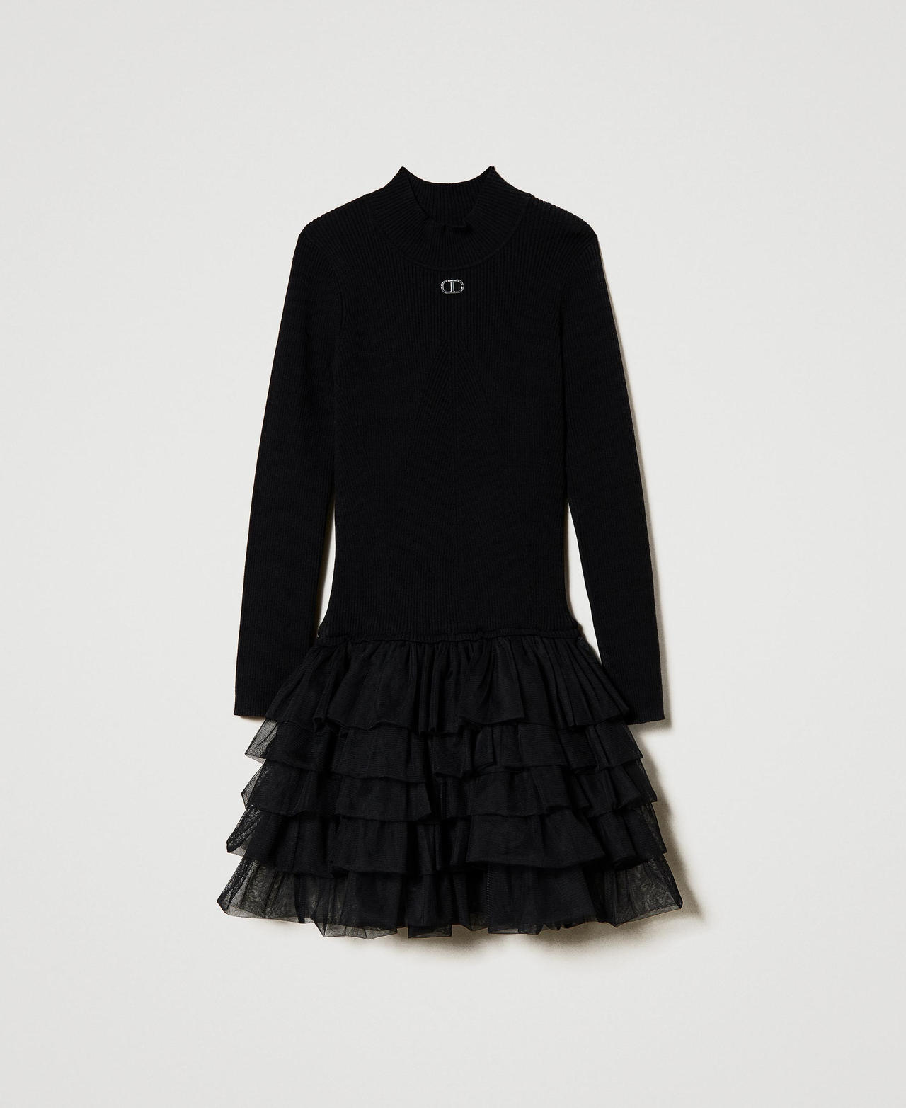 Ribbed knit dress with tulle Black Girl 242GJ3121_00006_0S