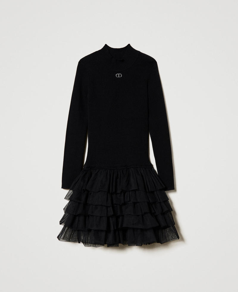 Ribbed knit dress with tulle Black Girl 242GJ3121_00006_S0