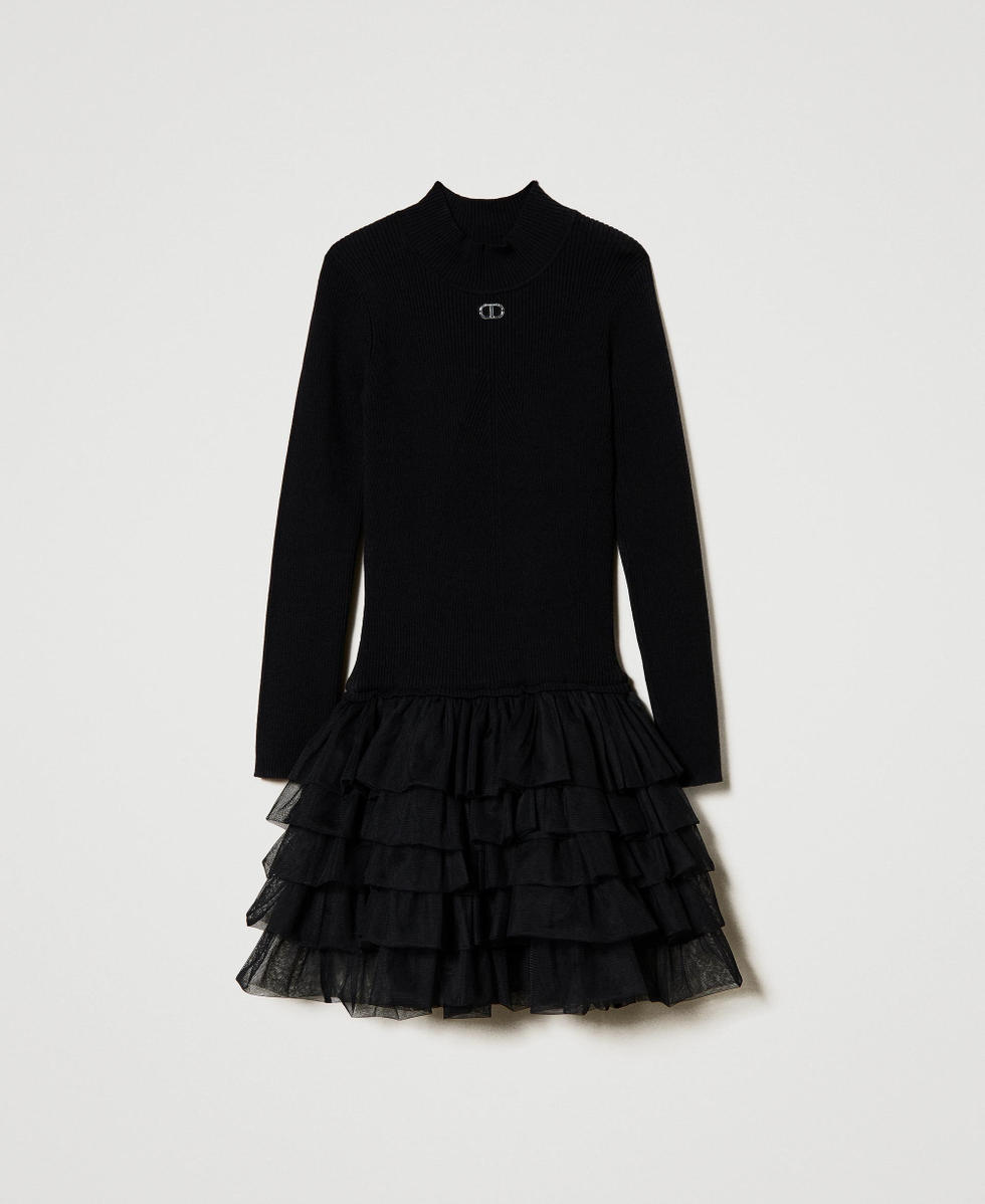Robe en maille c&ocirc;tel&eacute;e avec tulle Noir Fille 242GJ3121_00006_S0