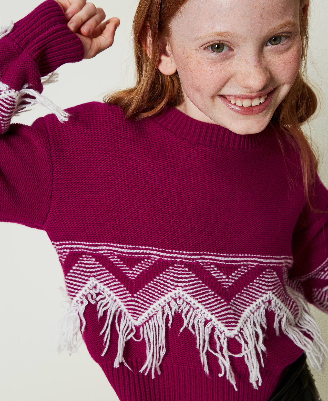 Wool blend jumper with fringes Two-tone Magenta Purple / Off White Girl 242GJ3131_11854_01