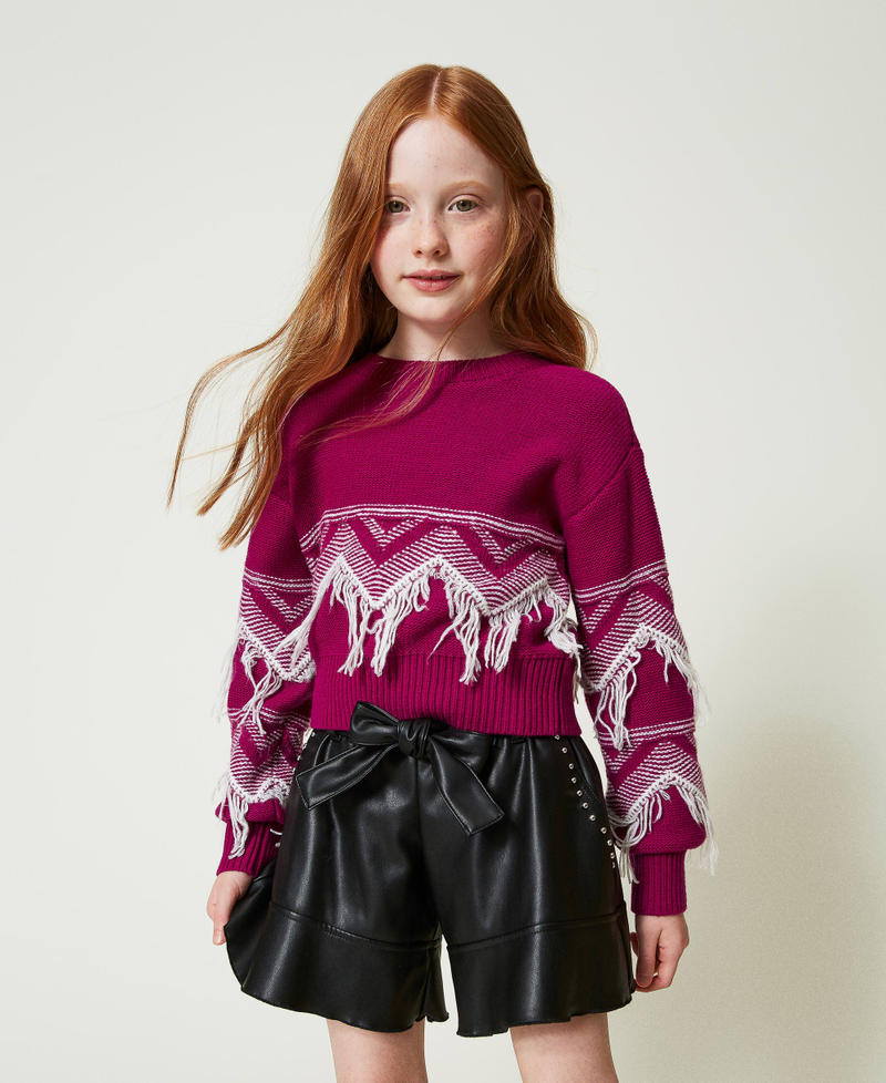 Wool blend jumper with fringes Two-tone Magenta Purple / Off White Girl 242GJ3131_11854_02