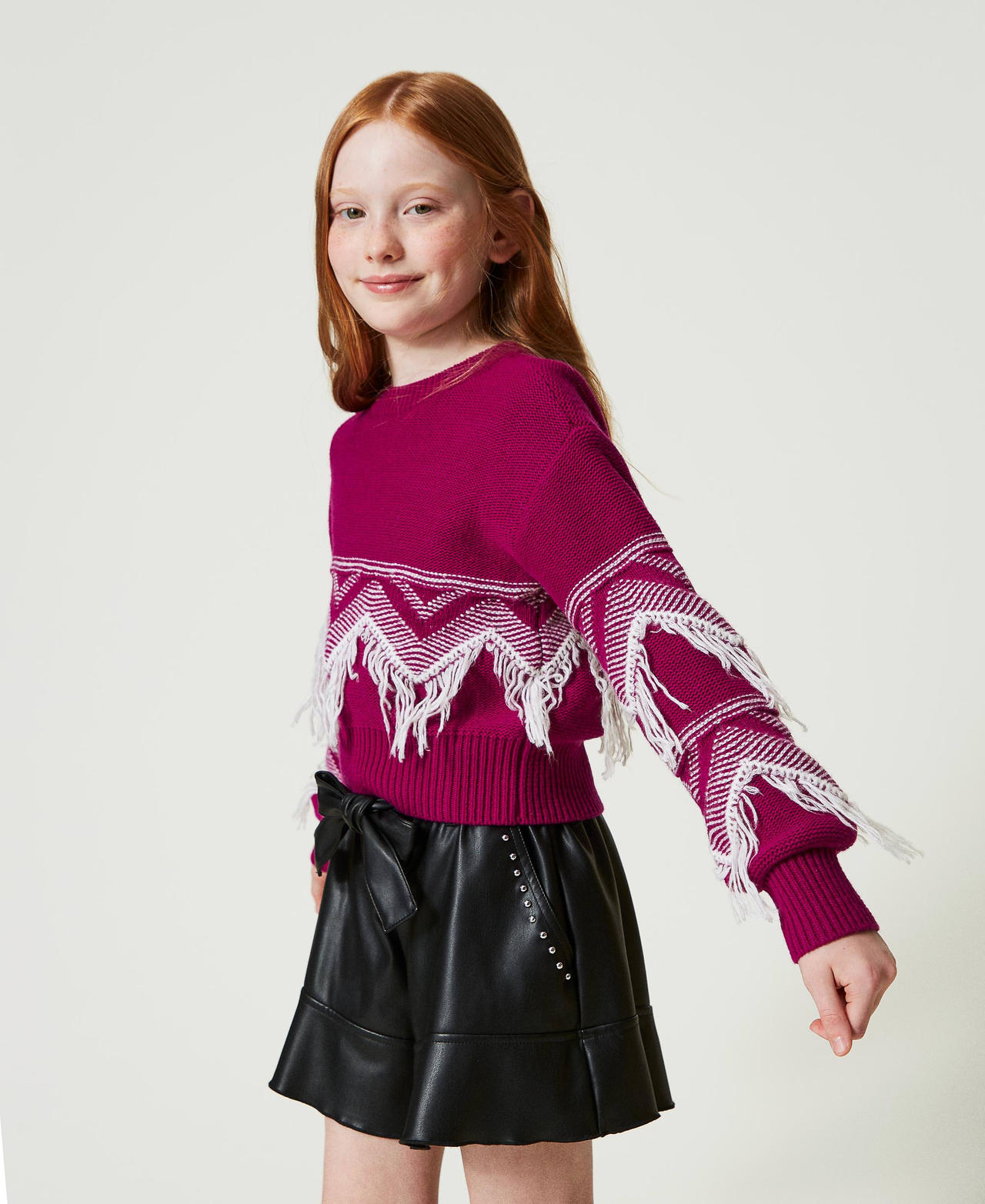 Wool blend jumper with fringes Two-tone Magenta Purple / Off White Girl 242GJ3131_11854_03