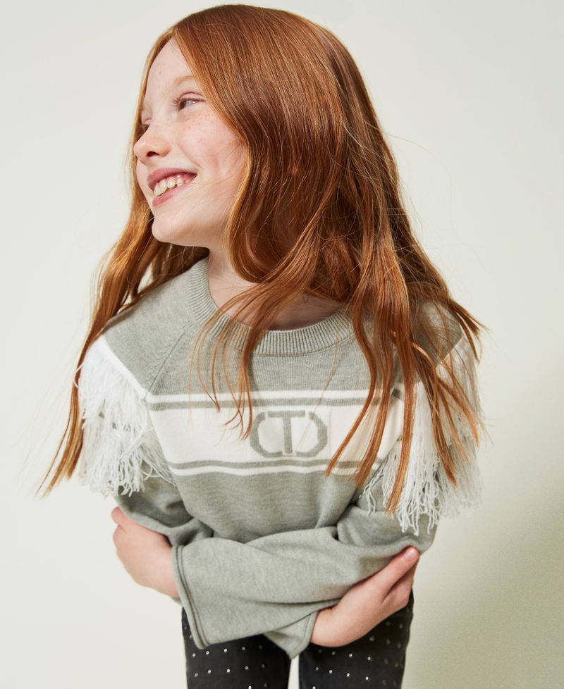 Jumper with jacquard Oval T and fringes Two-tone Frozen Fjord Light Blue / Off White Girl 242GJ3163_11804_01