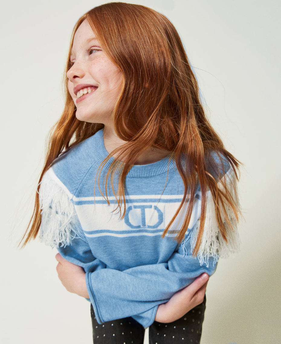 Jumper with jacquard Oval T and fringes Two-tone Frozen Fjord Light Blue / Off White Girl 242GJ3163_11804_01