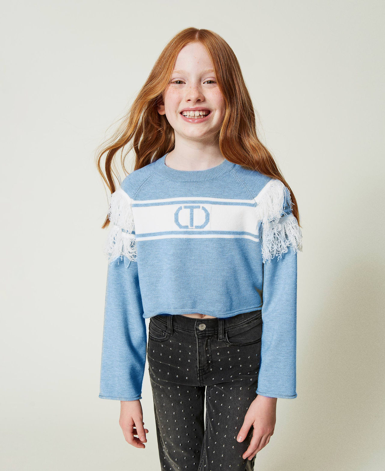 Jumper with jacquard Oval T and fringes Two-tone Frozen Fjord Light Blue / Off White Girl 242GJ3163_11804_02