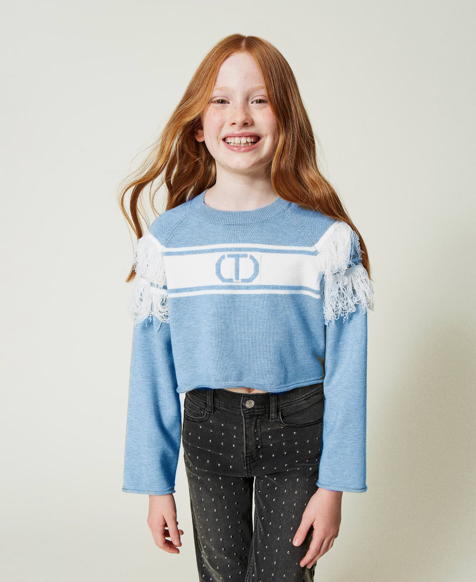Jumper with jacquard Oval T and fringes Two-tone Frozen Fjord Light Blue / Off White Girl 242GJ3163_11804_02