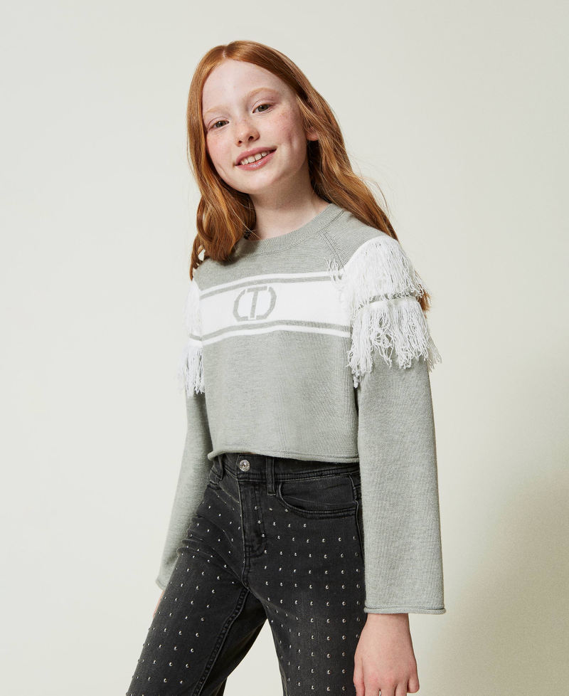 Jumper with jacquard Oval T and fringes Two-tone Frozen Fjord Light Blue / Off White Girl 242GJ3163_11804_03