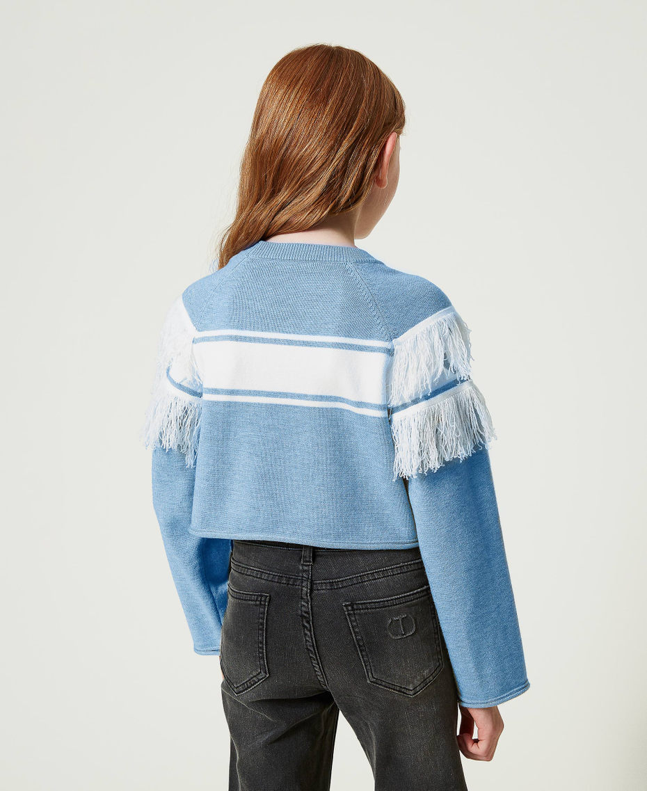 Jumper with jacquard Oval T and fringes Two-tone Frozen Fjord Light Blue / Off White Girl 242GJ3163_11804_04