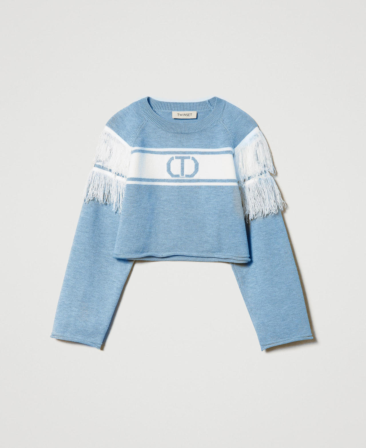 Jumper with jacquard Oval T and fringes Two-tone Frozen Fjord Light Blue / Off White Girl 242GJ3163_11804_0S