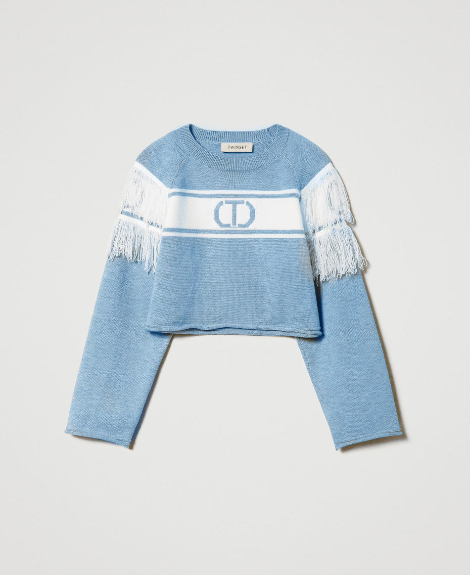 Jumper with jacquard Oval T and fringes Two-tone Frozen Fjord Light Blue / Off White Girl 242GJ3163_11804_S0