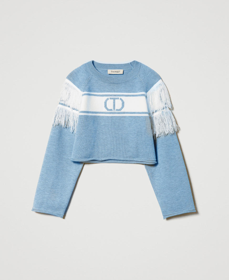 Jumper with jacquard Oval T and fringes Two-tone Frozen Fjord Light Blue / Off White Girl 242GJ3163_11804_S0