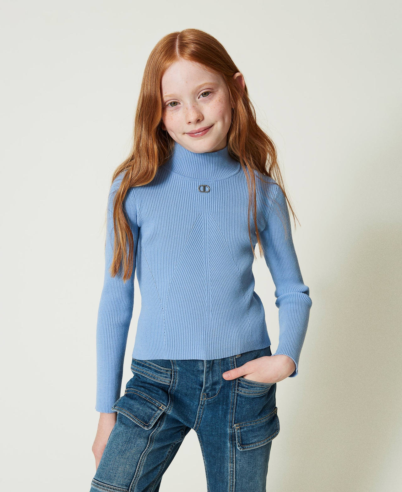 Twinset Pulls - Pull col montant côtelé avec logo, Bleu « Frozen Fjord », Taille: 10A