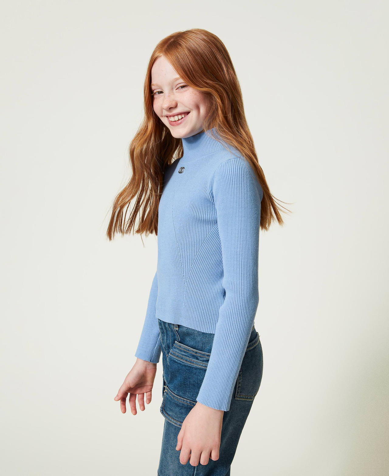 Ribbed turtleneck jumper with logo Frozen Fjord Light Blue Girl 242GJ3190_11732_02