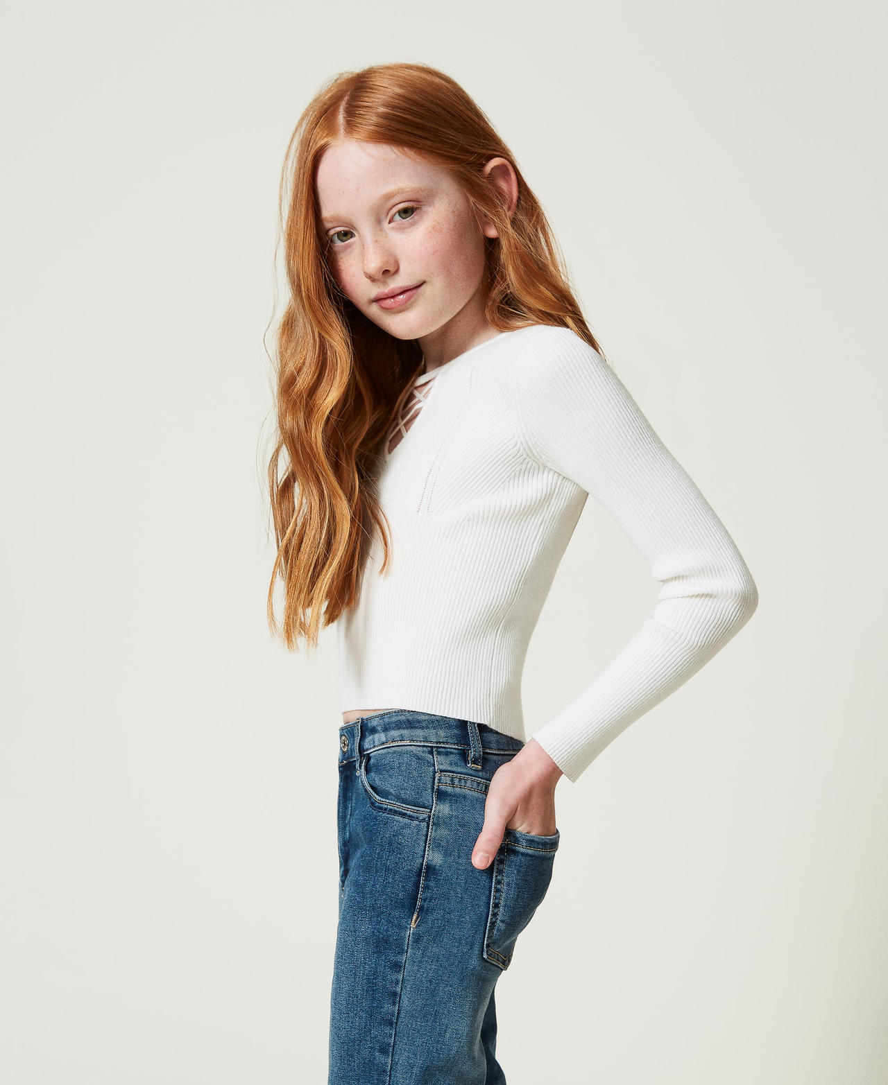 Ribbed jumper with criss cross Girl White TWINSET Milano