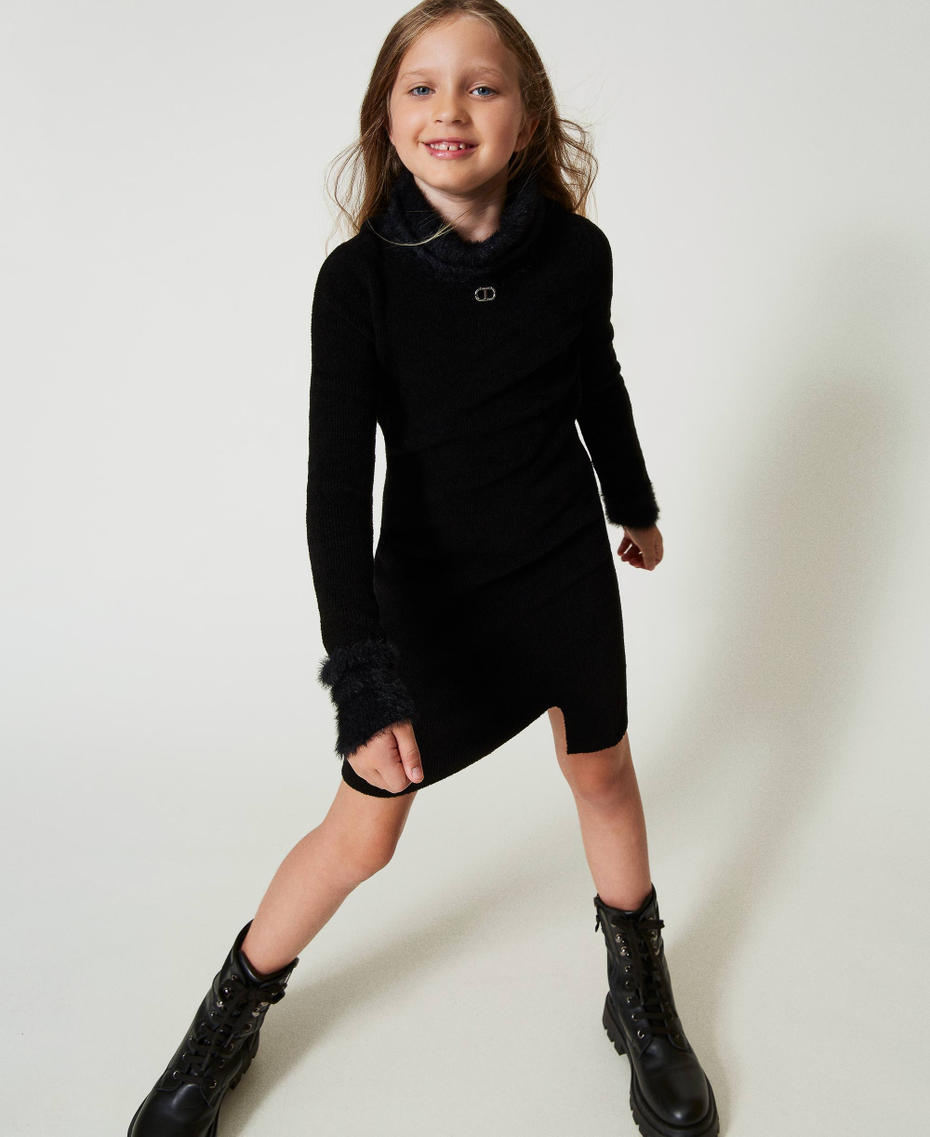 Short knit dress with faux fur Black Girl 242GJ3200_00006_01