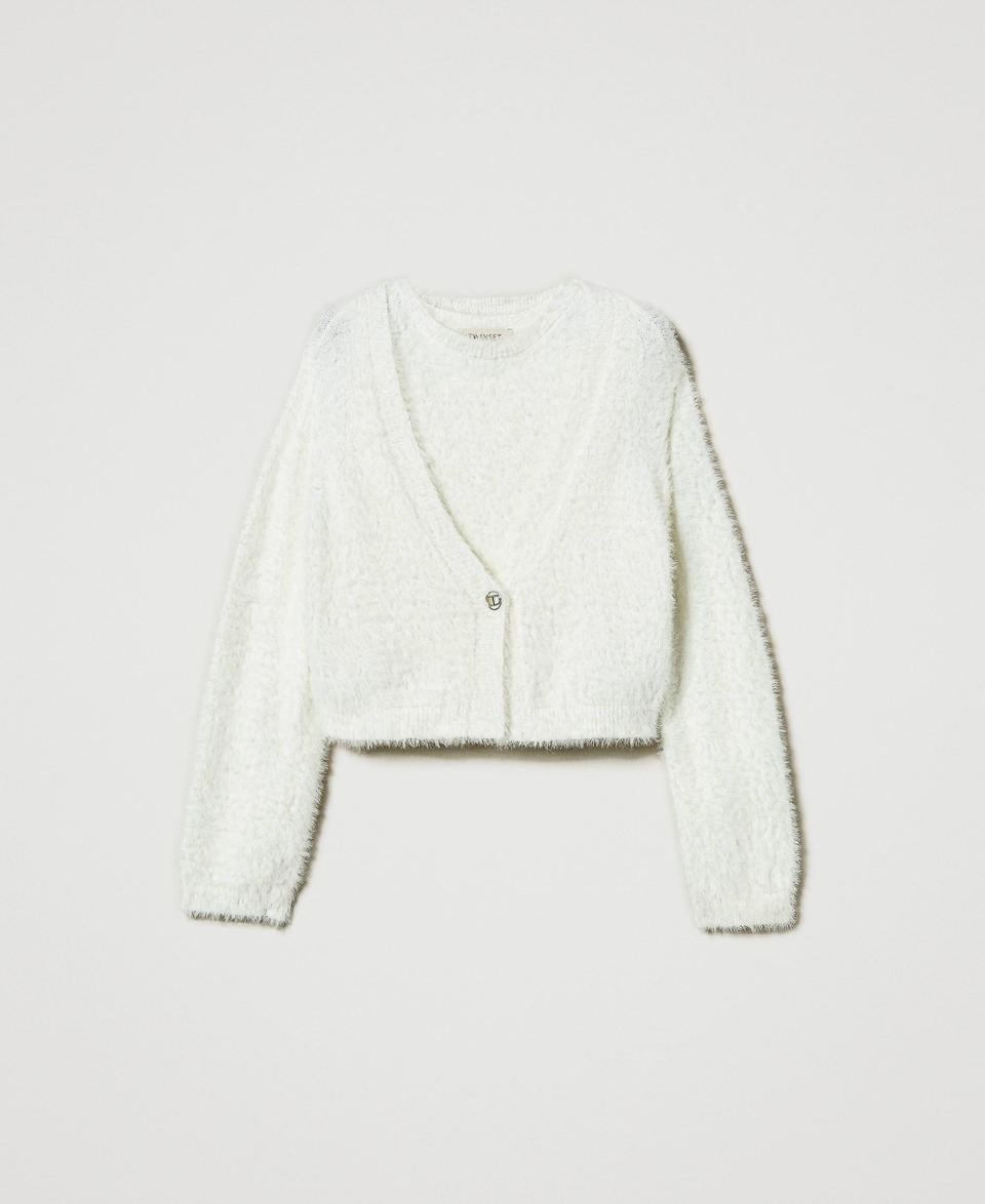 Pullover und Cardigan mit „Oval T“-Knopf Mattweiß Mädchen 242GJ3211_00526_0S