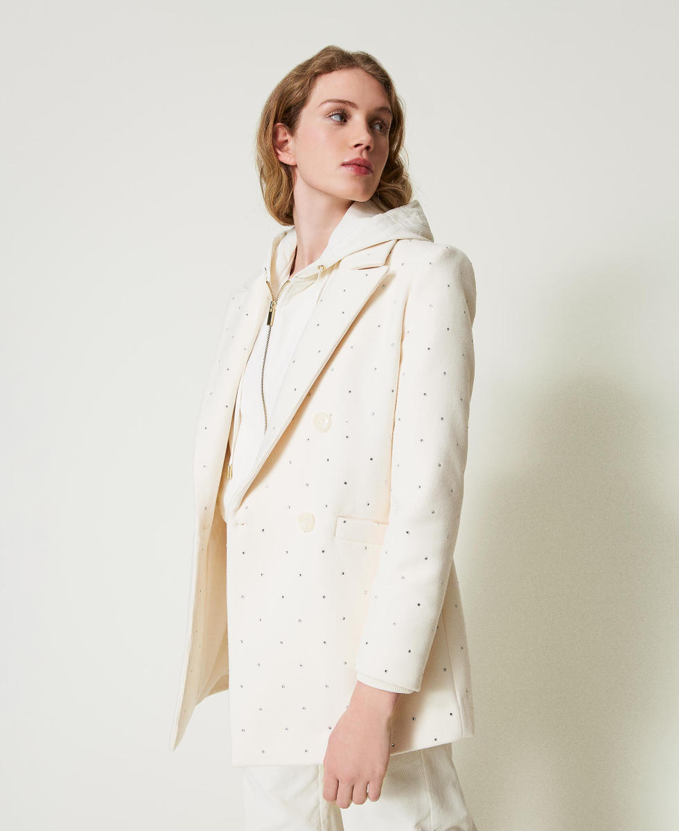 Short wool cloth coat with rhinestones Woman White TWINSET Milano