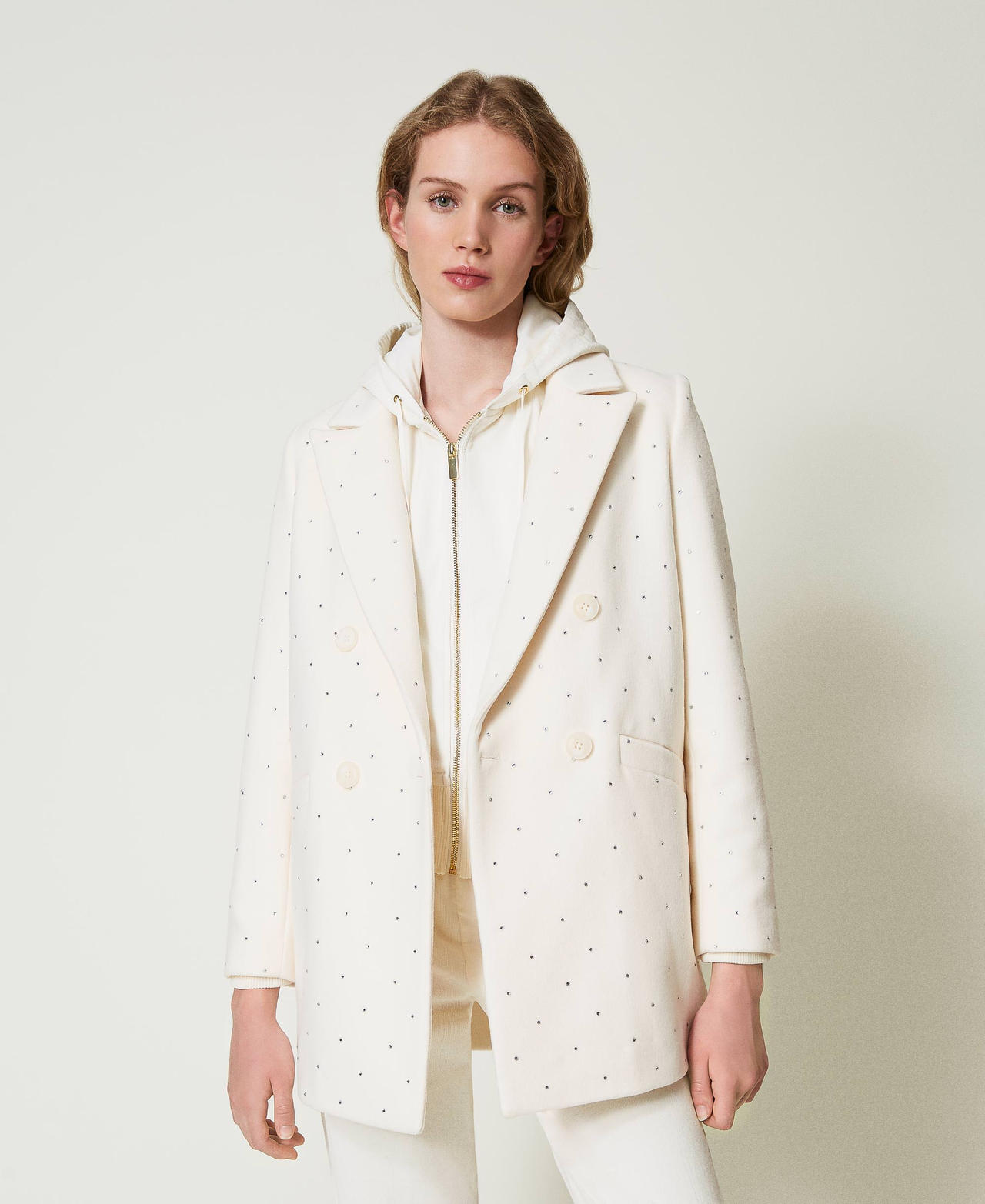 Short wool cloth coat with rhinestones Mother Of Pearl Woman 242LI2AAA_00059_02