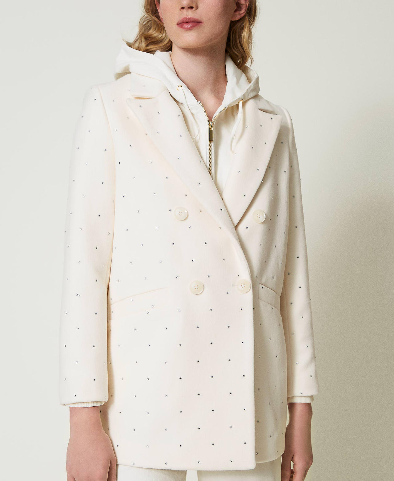 Short wool cloth coat with rhinestones Woman, White