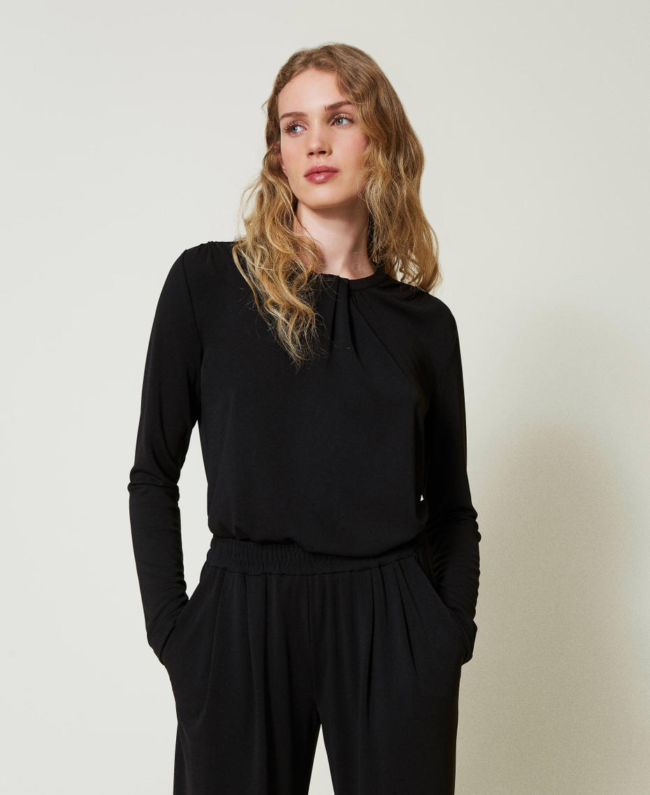 Cr&ecirc;pe jersey blouse with draping Black Woman 242LI2BPP_00006_01