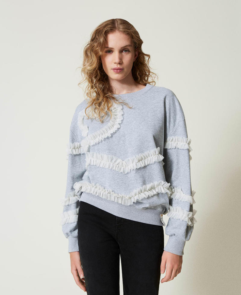 Mottled sweatshirt with tulle ruffles Two-tone Mid Melange Grey / Mother-of-pearl Woman 242LI2DAA_11817_01