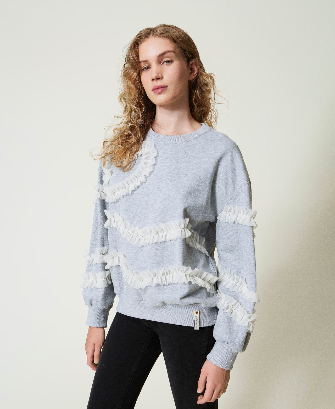 Mottled sweatshirt with tulle ruffles Two-tone Mid Melange Grey / Mother-of-pearl Woman 242LI2DAA_11817_02