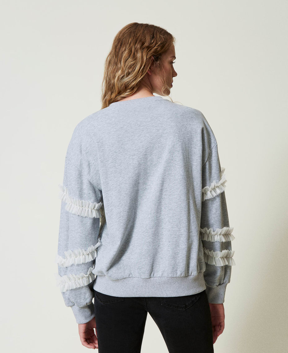 Mottled sweatshirt with tulle ruffles Two-tone Mid Melange Grey / Mother-of-pearl Woman 242LI2DAA_11817_03