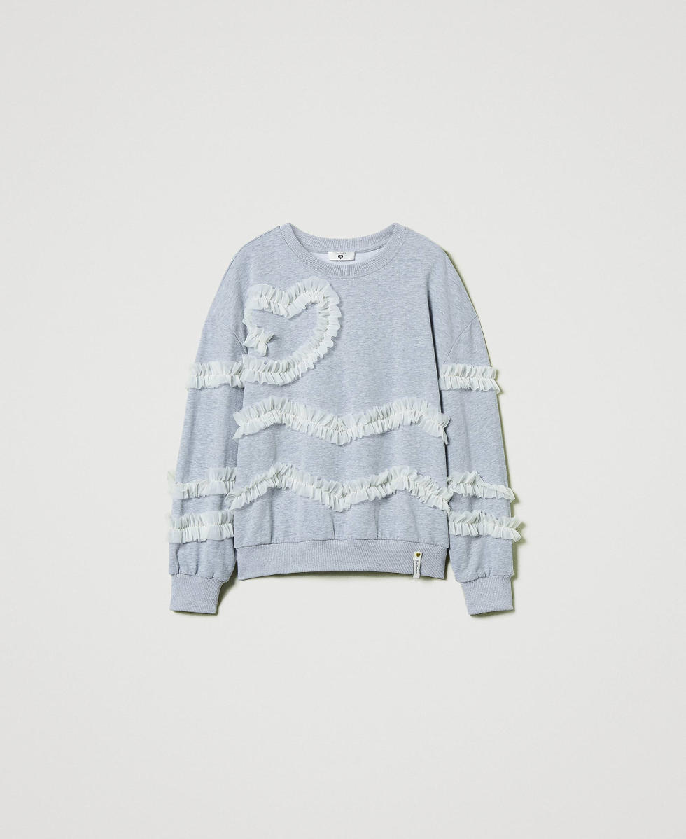 Mottled sweatshirt with tulle ruffles Two-tone Mid Melange Grey / Mother-of-pearl Woman 242LI2DAA_11817_S0