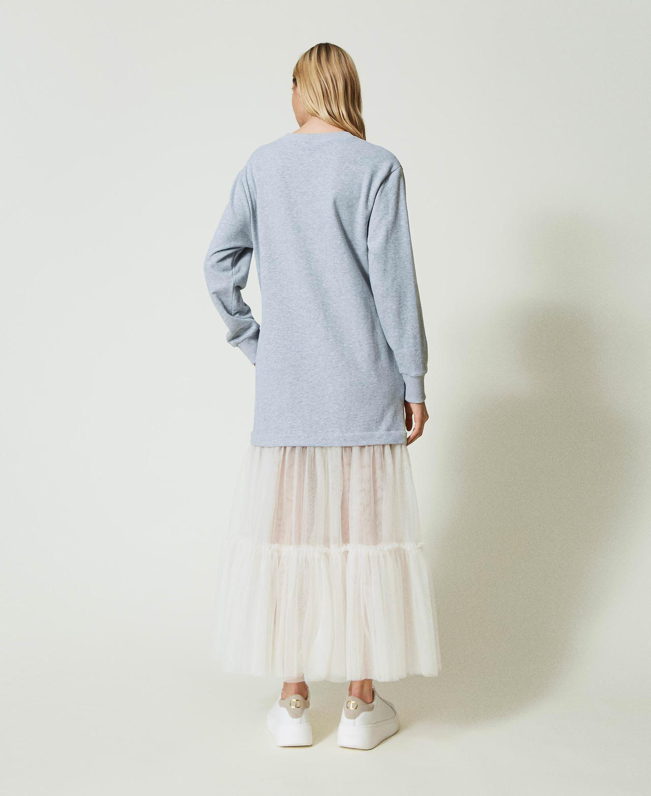 Plush fabric and tulle long dress