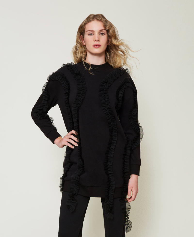 Maxi sweatshirt with tulle ruffles Black Woman 242LI2DDD_00006_01