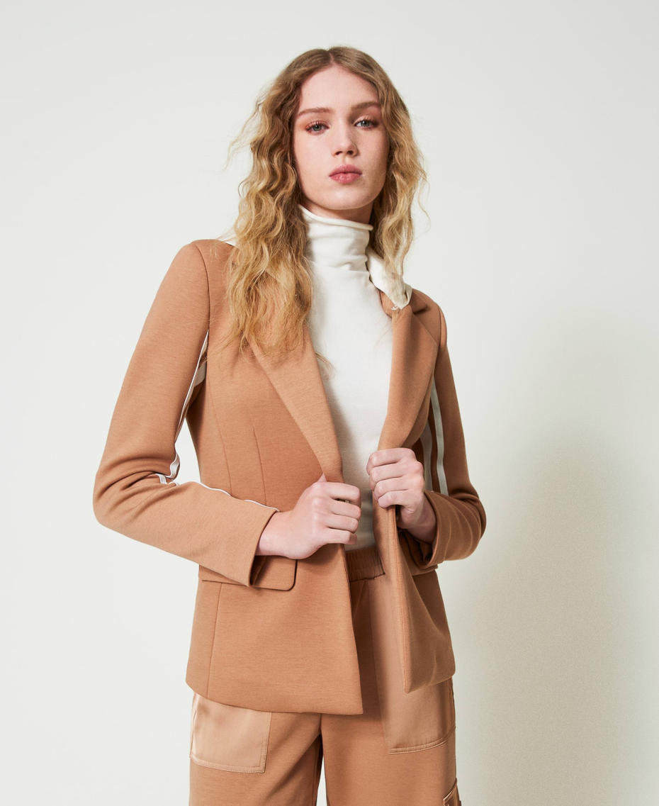 Scuba fabric blazer with hood Two-tone Caramel Camel / Mother-of-pearl Woman 242LI2DKK_11819_01