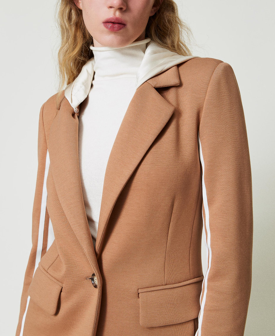 Scuba fabric blazer with hood Two-tone Caramel Camel / Mother-of-pearl Woman 242LI2DKK_11819_04