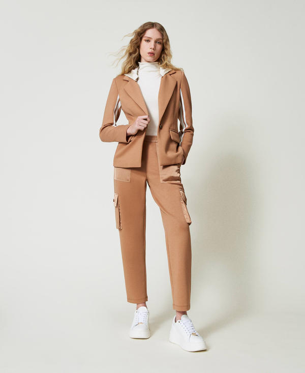Scuba fabric and satin cargo trousers