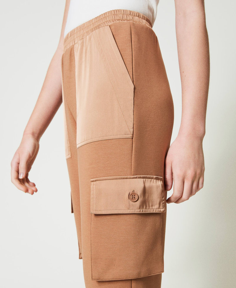 Scuba fabric and satin cargo trousers