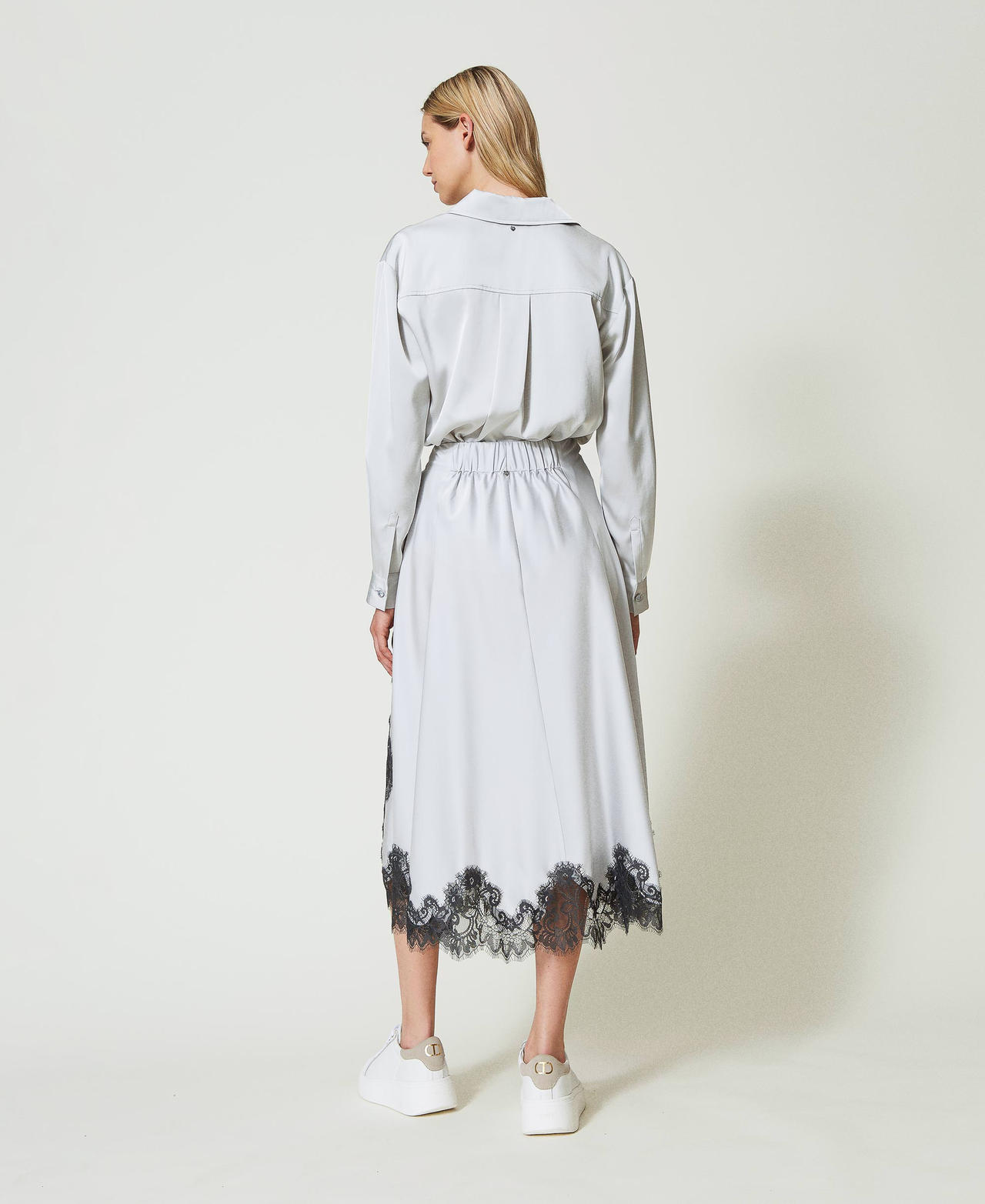 Gonna lunga in raso e pizzo Bicolor Silver / Grigio "Blackened Pearl" Donna 242LI2HCC_11821_03