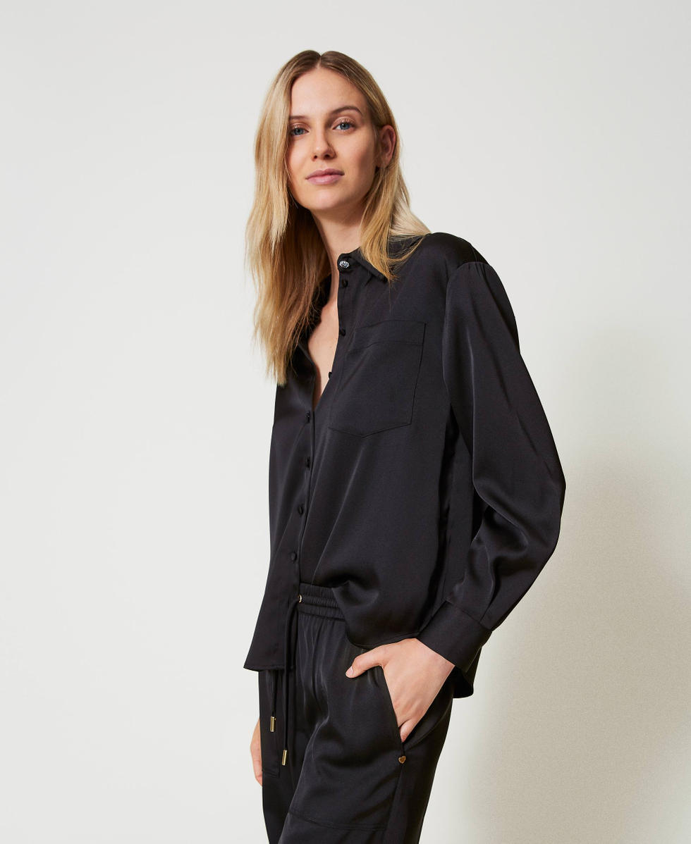 Chemise en satin avec bouton bijou Femme Noir TWINSET Milano