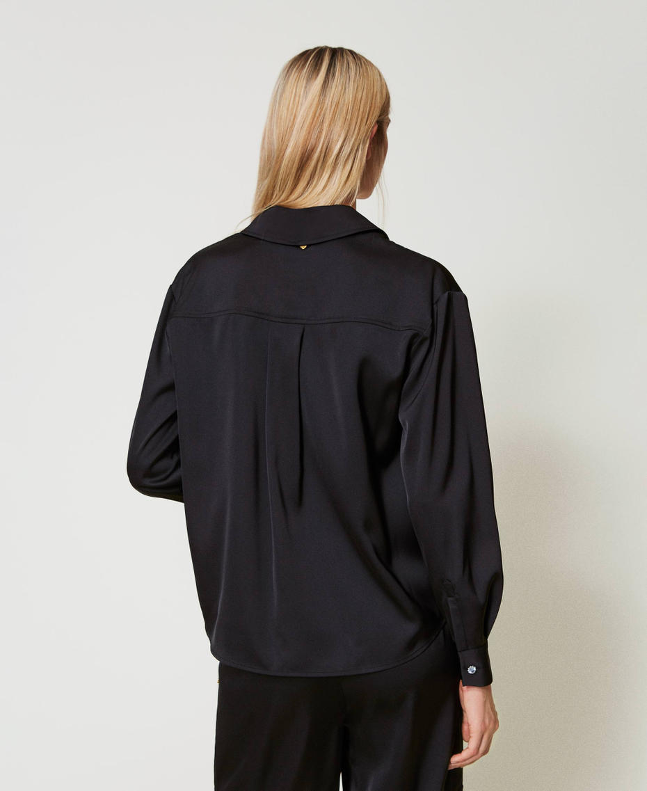 Satin shirt with jewel button Black Woman 242LI2HHH_00006_03