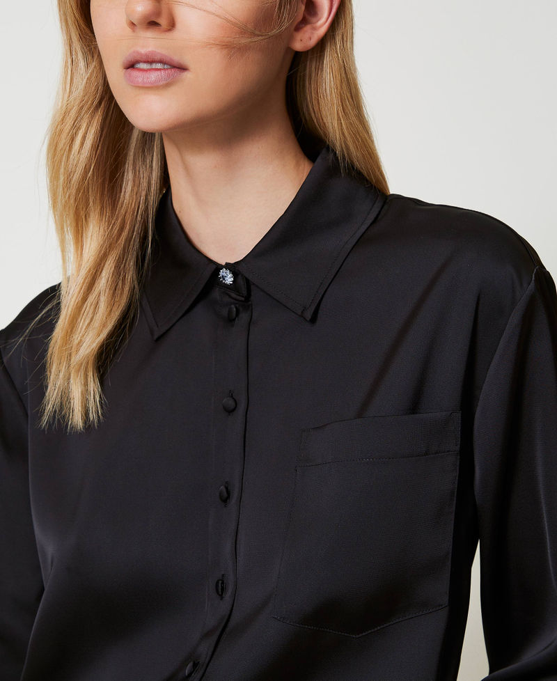 Satin shirt with jewel button Black Woman 242LI2HHH_00006_04