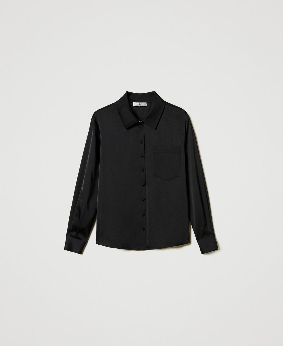 Satin shirt with jewel button Black Woman 242LI2HHH_00006_S0