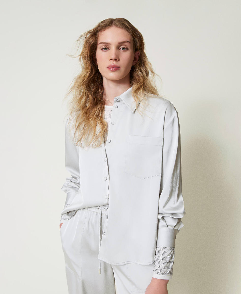 Chemise en satin avec bouton bijou Argent Femme 242LI2HHH_11813_01